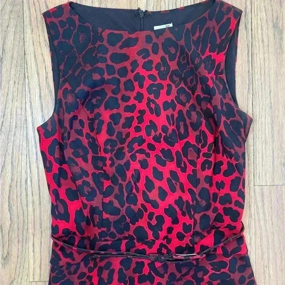 Caché Women’s Red and Black Leopard Print Sheath Dress with Belt Size 4 - Picture 2 of 12
